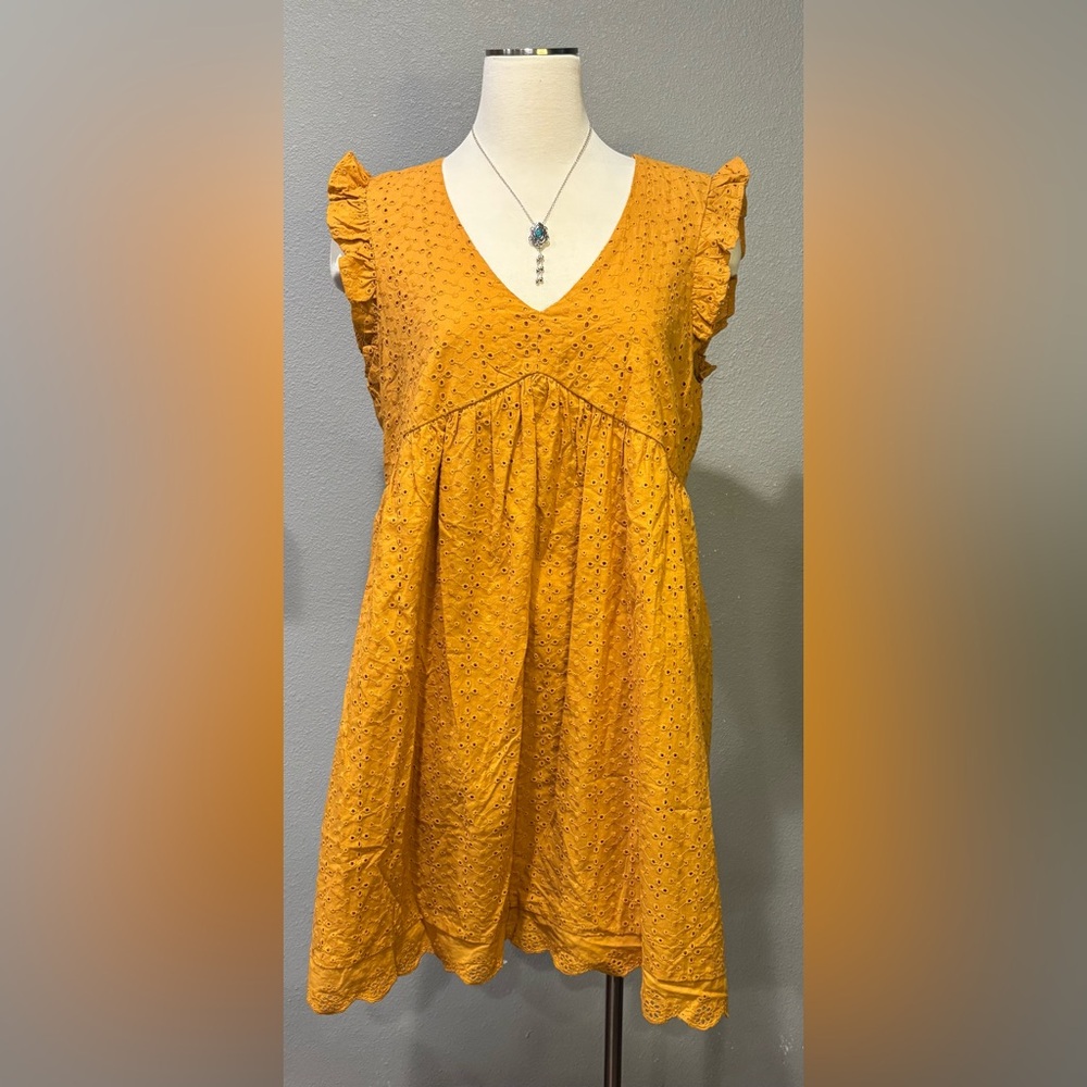Yellow Eyelet Ruffle Sleeve Dress